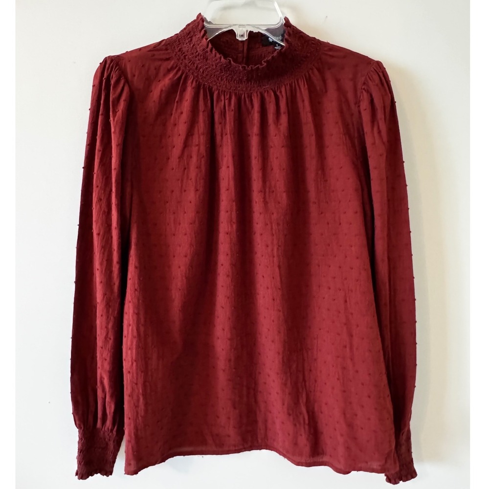 Madewell Cabernet Swiss Dot Smocked Mock Neck Blouse NB606 Red/Burgundy S NWT